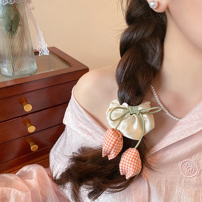 Tulip Scrunchie Hair Tie for Women | Celebrity Blogger Style Ponytail Holder | Elegant Floral Elastic Hair Accessory for Low Bun & Daily Hairstyles