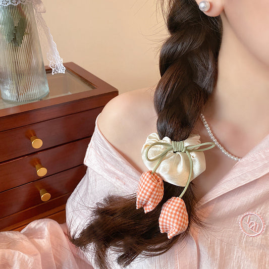 Tulip Scrunchie Hair Tie for Women | Celebrity Blogger Style Ponytail Holder | Elegant Floral Elastic Hair Accessory for Low Bun & Daily Hairstyles