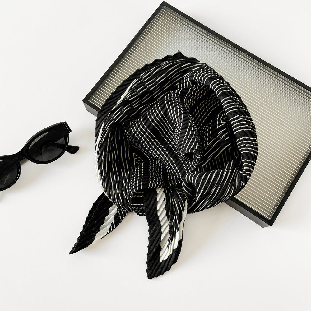 Herringbone Pleated 70cm Square Scarf | Lightweight Fashion Neck Wrap | Chic Striped Crinkle Shawl with Cashmere Feel