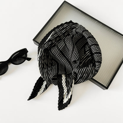 Herringbone Pleated 70cm Square Scarf | Lightweight Fashion Neck Wrap | Chic Striped Crinkle Shawl with Cashmere Feel