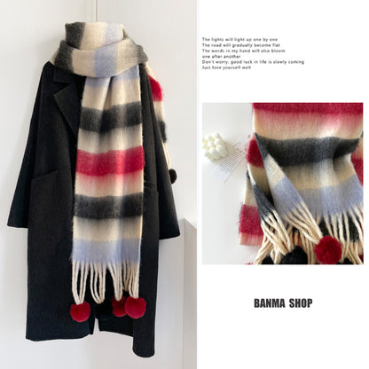 Rainbow Stripe Scarf with Pom-Poms – Soft Mohair Blend, Thickened Winter Shawl, Cozy Warm Neck Wrap for Students & Women