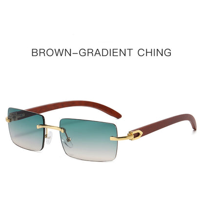 Men’s Rimless Square Sunglasses – Fashion Diamond-Cut Ocean Lens Shades with Wood Grain Arms, Retro Trendy UV Protection Eyewear