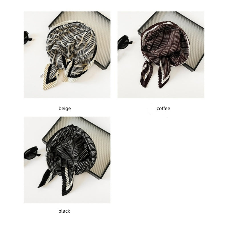 Herringbone Pleated 70cm Square Scarf | Lightweight Fashion Neck Wrap | Chic Striped Crinkle Shawl with Cashmere Feel