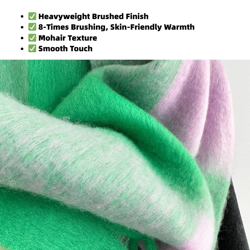 Thick Mohair Plaid Scarf | Colorful Contrast Checkered Shawl | Winter Warm Oversized Wrap with Soft Brushed Finish