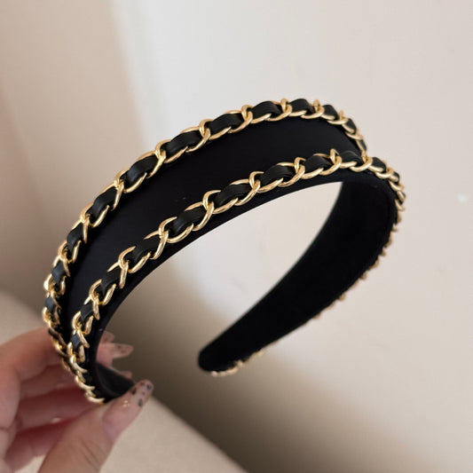 Luxury Black & Gold Chain Wide Headband | 2025 Fall Winter Fashion Hair Accessories for Women | Chic Designer Style Headpiece