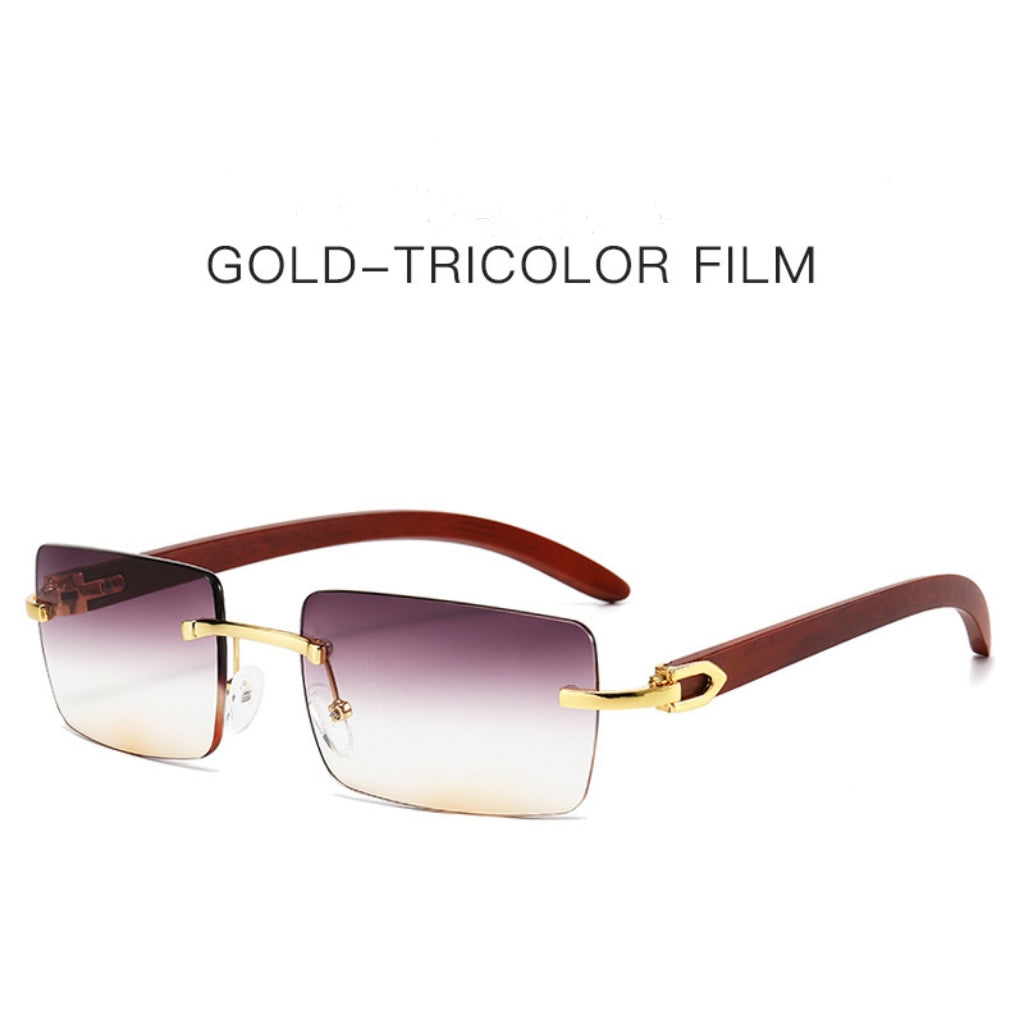 Men’s Rimless Square Sunglasses – Fashion Diamond-Cut Ocean Lens Shades with Wood Grain Arms, Retro Trendy UV Protection Eyewear