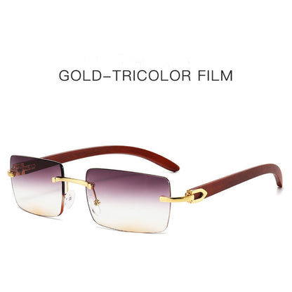 Men’s Rimless Square Sunglasses – Fashion Diamond-Cut Ocean Lens Shades with Wood Grain Arms, Retro Trendy UV Protection Eyewear
