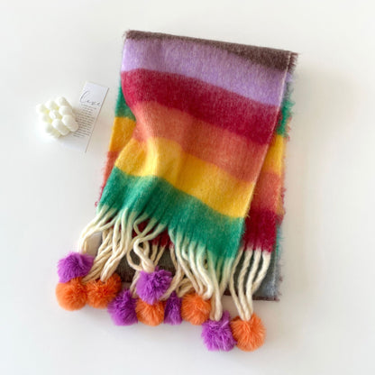 Rainbow Stripe Scarf with Pom-Poms – Soft Mohair Blend, Thickened Winter Shawl, Cozy Warm Neck Wrap for Students & Women