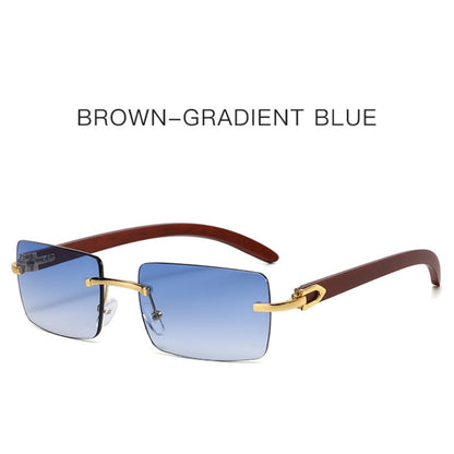 Men’s Rimless Square Sunglasses – Fashion Diamond-Cut Ocean Lens Shades with Wood Grain Arms, Retro Trendy UV Protection Eyewear