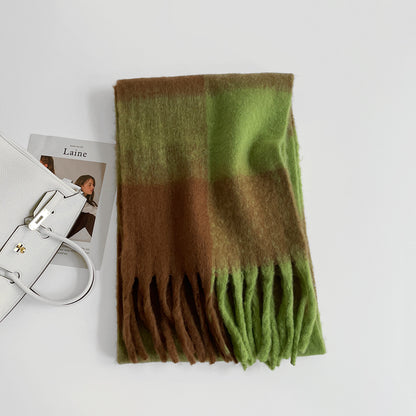 Thick Mohair Plaid Scarf | Colorful Contrast Checkered Shawl | Winter Warm Oversized Wrap with Soft Brushed Finish