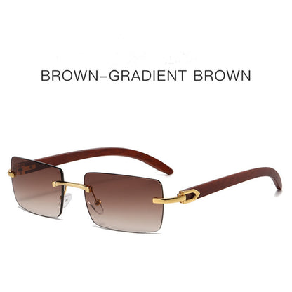 Men’s Rimless Square Sunglasses – Fashion Diamond-Cut Ocean Lens Shades with Wood Grain Arms, Retro Trendy UV Protection Eyewear