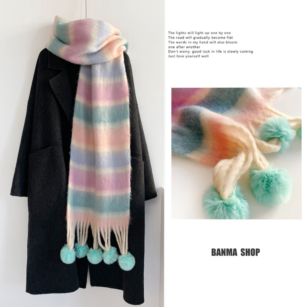 Rainbow Stripe Scarf with Pom-Poms – Soft Mohair Blend, Thickened Winter Shawl, Cozy Warm Neck Wrap for Students & Women
