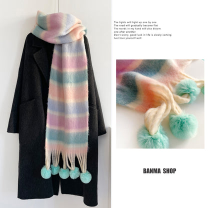 Rainbow Stripe Scarf with Pom-Poms – Soft Mohair Blend, Thickened Winter Shawl, Cozy Warm Neck Wrap for Students & Women