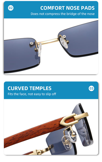 Men’s Rimless Square Sunglasses – Fashion Diamond-Cut Ocean Lens Shades with Wood Grain Arms, Retro Trendy UV Protection Eyewear