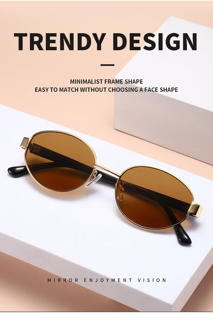 Vintage Oval Brown Sunglasses – High-End Metal Frame Retro Chic UV400 Eyewear for Women & Men