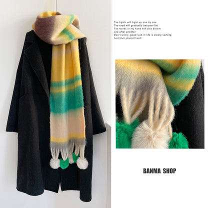 Rainbow Stripe Scarf with Pom-Poms – Soft Mohair Blend, Thickened Winter Shawl, Cozy Warm Neck Wrap for Students & Women