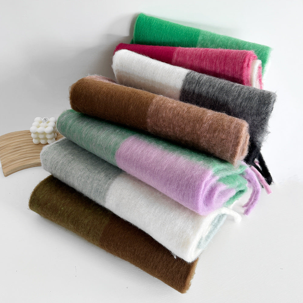 Thick Mohair Plaid Scarf | Colorful Contrast Checkered Shawl | Winter Warm Oversized Wrap with Soft Brushed Finish