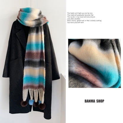 Rainbow Stripe Scarf with Pom-Poms – Soft Mohair Blend, Thickened Winter Shawl, Cozy Warm Neck Wrap for Students & Women