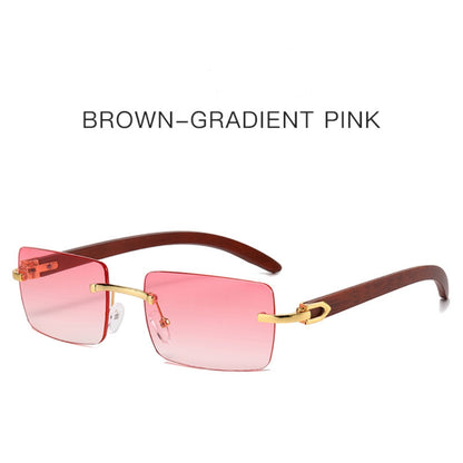 Men’s Rimless Square Sunglasses – Fashion Diamond-Cut Ocean Lens Shades with Wood Grain Arms, Retro Trendy UV Protection Eyewear