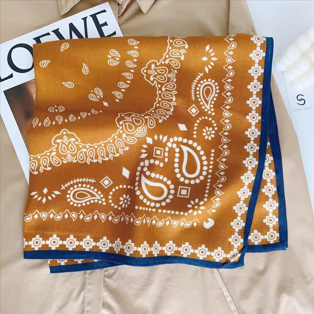 Vintage Paisley Cotton Linen Square Scarf for Women | Autumn Winter Soft Warm Headscarf | Elegant Retro Bandana Wrap