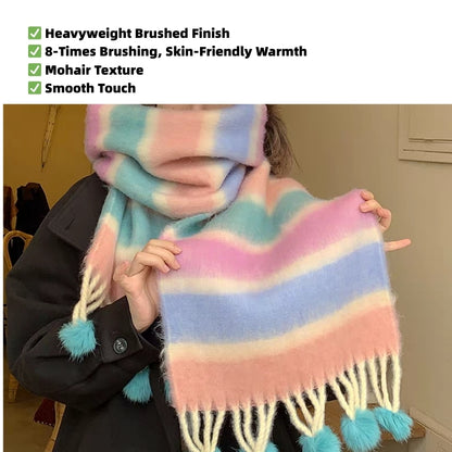 Rainbow Stripe Scarf with Pom-Poms – Soft Mohair Blend, Thickened Winter Shawl, Cozy Warm Neck Wrap for Students & Women