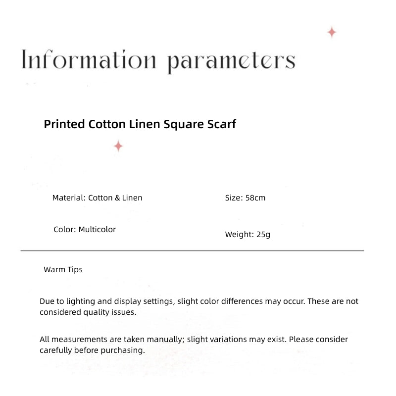 58cm Cotton Linen Small Square Scarf for Women – Lightweight Neck Scarf, Spring Summer Autumn Fashionable Headband & Neck Wrap, Artistic Style