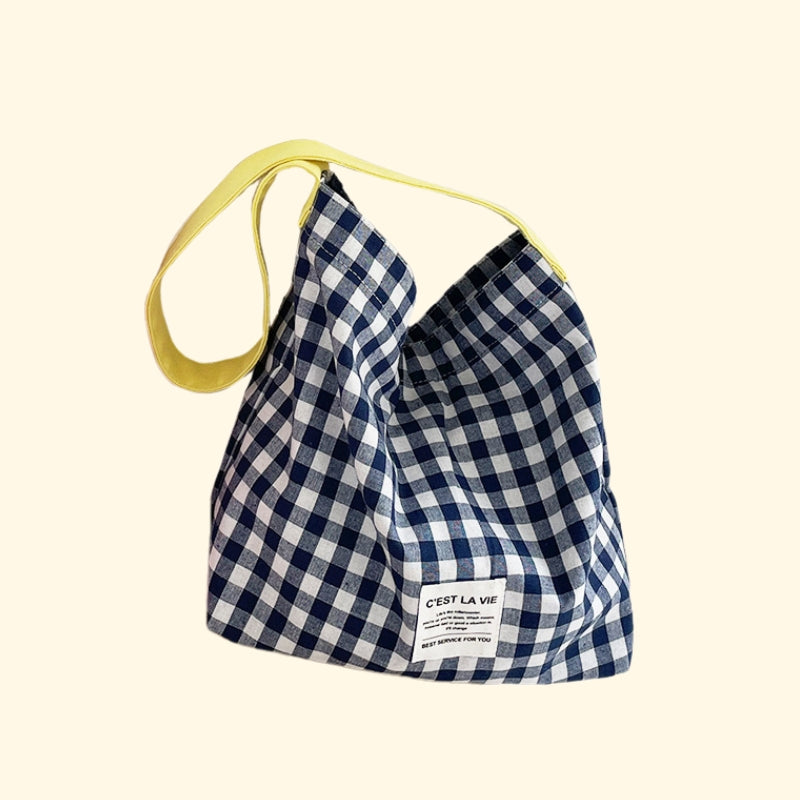 Large Checkered Canvas Tote | Iron-on Friendly DIY Bag | Minimalist Shoulder Shopper