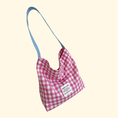 Large Checkered Canvas Tote | Iron-on Friendly DIY Bag | Minimalist Shoulder Shopper