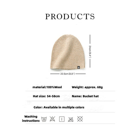 Winter Wool Knit Beanie Hat – Unisex Solid Color Warm Bucket Style Cap, 100% Wool, Round Top, No Brim, One Size Fits All