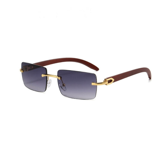 Men’s Rimless Square Sunglasses – Fashion Diamond-Cut Ocean Lens Shades with Wood Grain Arms, Retro Trendy UV Protection Eyewear