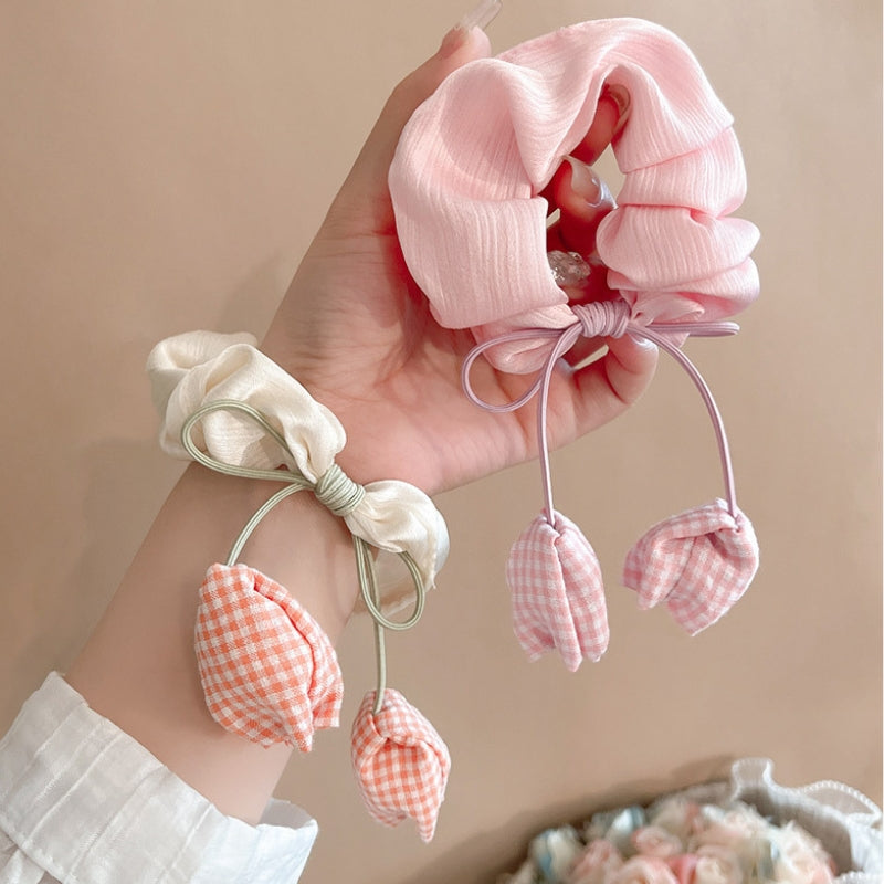 Tulip Scrunchie Hair Tie for Women | Celebrity Blogger Style Ponytail Holder | Elegant Floral Elastic Hair Accessory for Low Bun & Daily Hairstyles